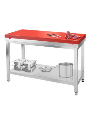 Table inox de travail avec plan rouge - Profondeur 600 mm - 1