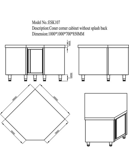 Meuble d'angle inox bas central P 700 mm - 2