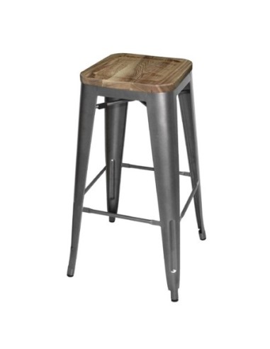 Tabouret bistro haut en acier gris avec assise en bois Bolero lot de 4 - 1