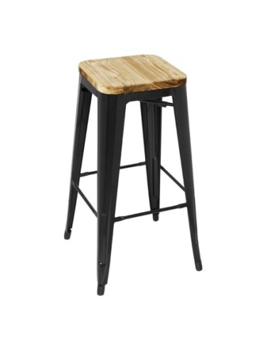 Tabouret bistro haut en acier noir avec assise en bois Bolero lot de 4 - 1