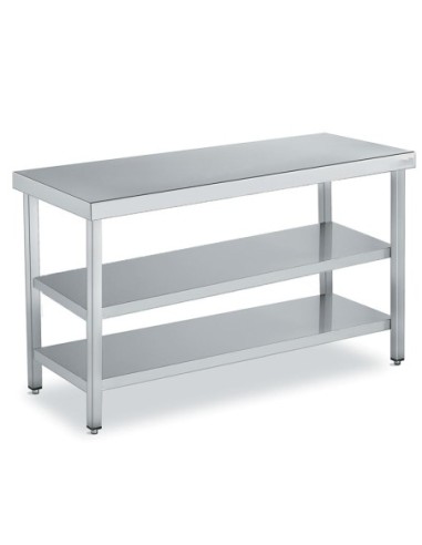 Tables de travail inox centrale avec 2 étagères - Profondeur 600 mm - 1