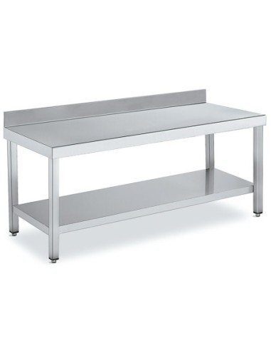Tables de travail inox faible hauteur avec dosseret et étagère P 700 mm - 1