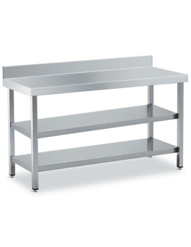 Tables de travail inox adossées avec 2 étagères - Profondeur 600 mm - 1
