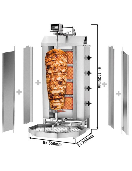 dimensions grill Doner kebab gaz 4 bruleurs max 60 kg avec tole de protection moteur en haut 1