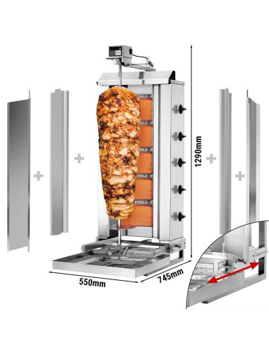 dimensions Grill Döner kebab gaz 5 brûleurs max 80 kg mobile avec tôle de protection