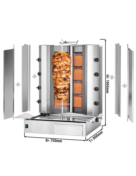 dimensions Grill Döner kebab gaz forme en V 2x4 brûleurs max 100 kg moteur en bas