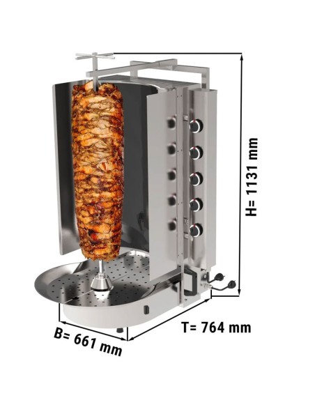 dimensions Grill Döner kebab gaz 10 brûleurs max 90 kg avec verre Robax moteur en bas