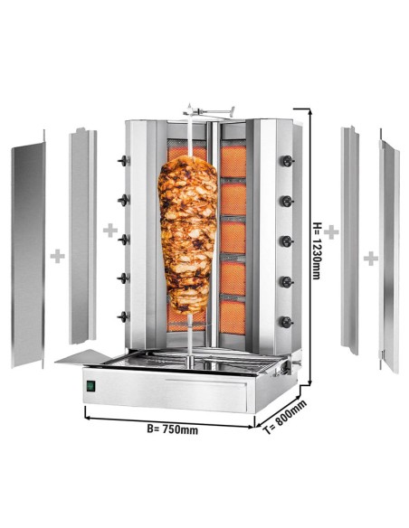 dimensions Grill Döner kebab gaz forme en V 2x5 brûleurs max 120 kg moteur en bas