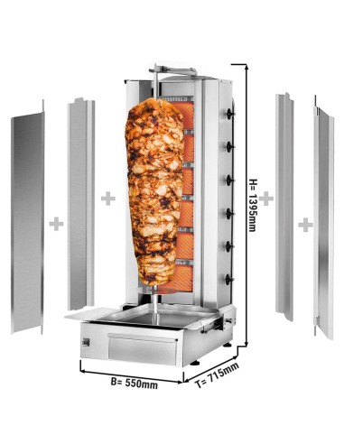dimensions Grill Döner kebab gaz 6 brûleurs max 100 kg avec tôle de protection moteur en bas