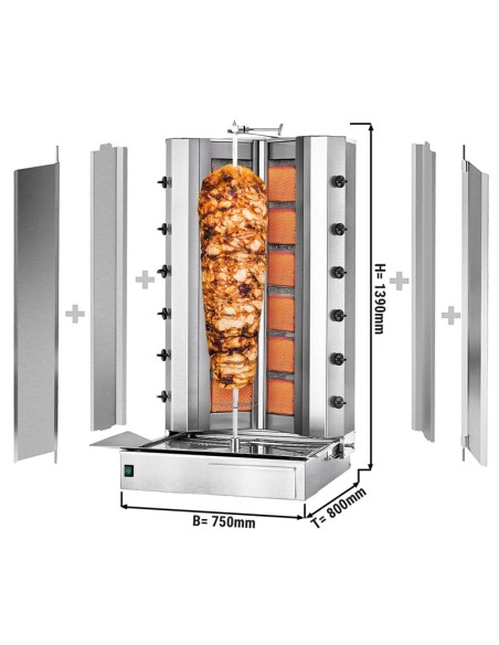 dimensions Grill Döner kebab gaz forme en V 2x6 brûleurs max 150 kg - moteur en bas
