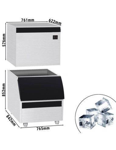 dimensions machine à glaçons cubiques pleins 230 kg par 24h avec bac à glaçons de 175 kg