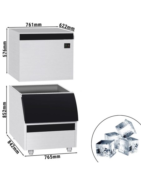 dimensions machine à glaçons cubiques pleins 230 kg par 24h avec bac à glaçons de 175 kg