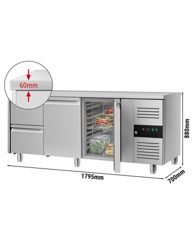 dimensions table réfrigérée positive centrale profondeur 700 avec groupe à droite - 2 portes et 2 tiroirs