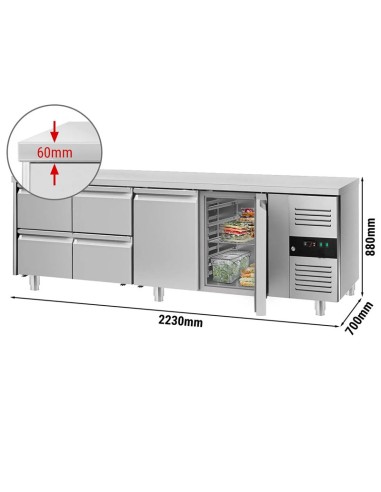 Dimensions table réfrigérée positive centrale profondeur 700 avec groupe à droite - 2 portes et 4 tiroirs