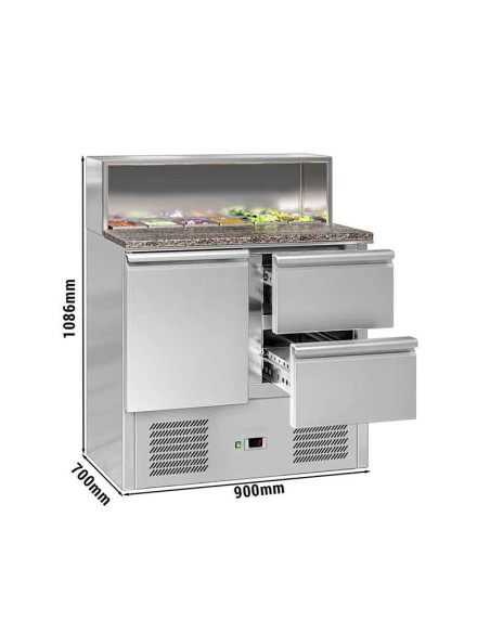 comptoir preparation 1 porte 2 tiroirs et 5 bacs GN dimensions