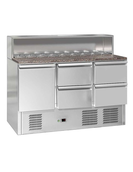 comptoir preparation 1 porte, 4 tiroirs et 8 bacs