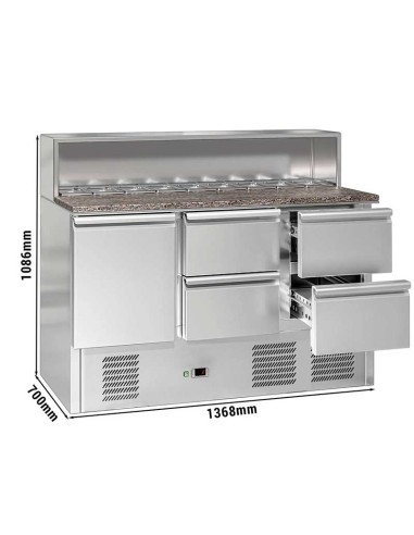 comptoir preparation 1 porte, 4 tiroirs et 8 bacs dimensions