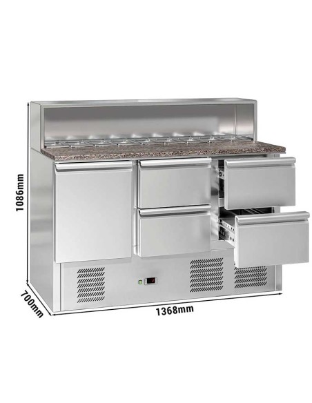 comptoir preparation 1 porte, 4 tiroirs et 8 bacs dimensions
