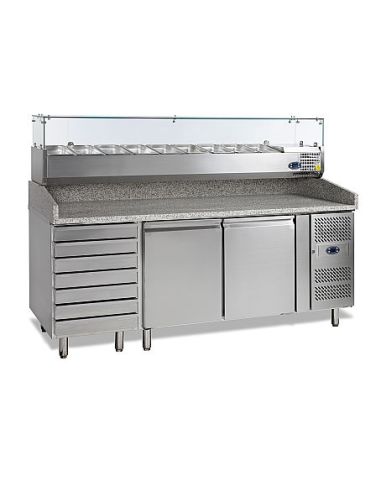 Table de préparation pizza en granit - 2 portes 60/40 et tiroirs - PT1310
