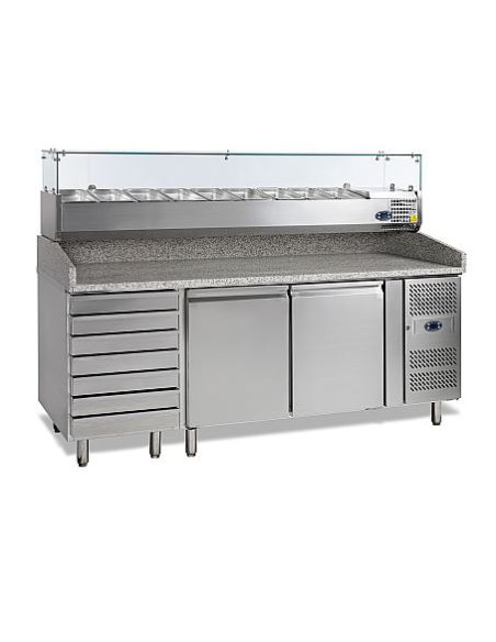 Table de préparation pizza en granit - 2 portes 60/40 et tiroirs - PT1310