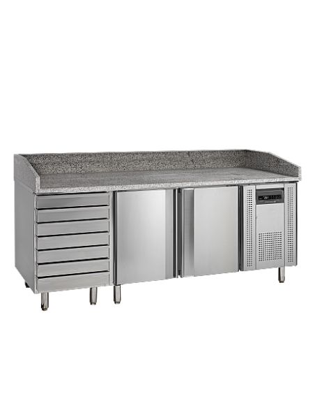Table de préparation pizza en granit - 2 portes 60/40 et tiroirs - PT1310