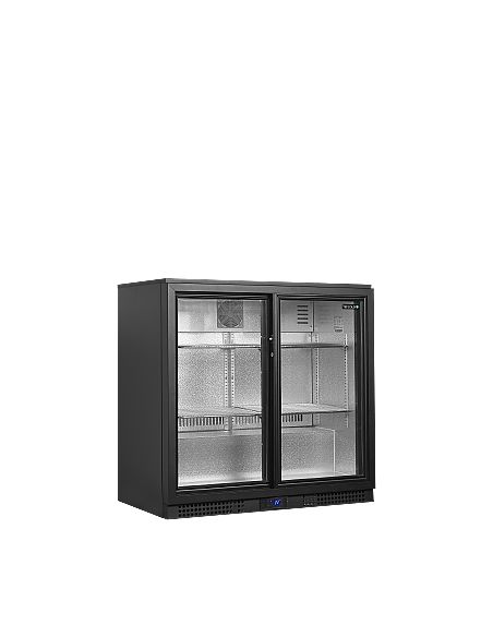 Arrière bar deux portes vitrées coulissantes à verrou et clayettes chromées - 196 litres - BA21S