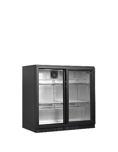 Arrière bar deux portes vitrées coulissantes à verrou et clayettes chromées - 196 litres - BA21S