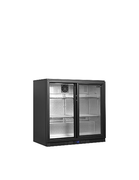 Arrière bar deux portes vitrées coulissantes à verrou et clayettes chromées - 196 litres - BA21S