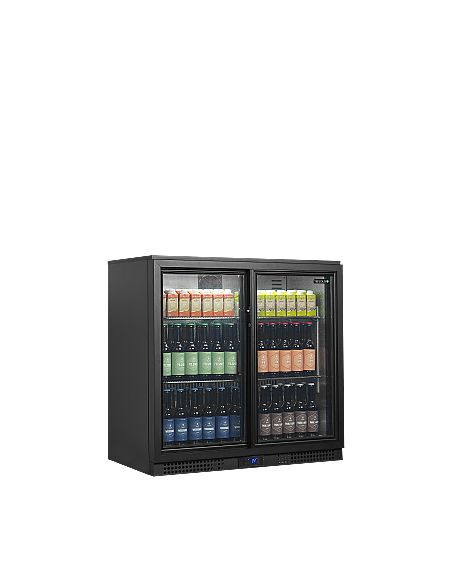 Arrière bar deux portes vitrées coulissantes à verrou et clayettes chromées - 196 litres - BA21S