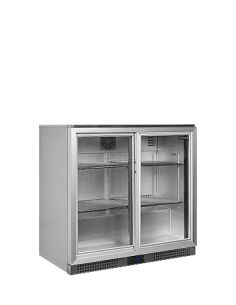 Arrière bar inox deux portes vitrées coulissantes et clayettes chromées - 191 litres - BA26SS