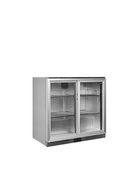 Arrière bar inox deux portes vitrées coulissantes et clayettes chromées - 191 litres - BA26SS