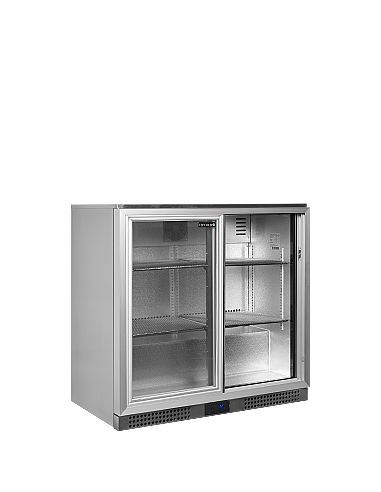 Arrière bar inox deux portes vitrées coulissantes et clayettes chromées - 191 litres - BA26SS