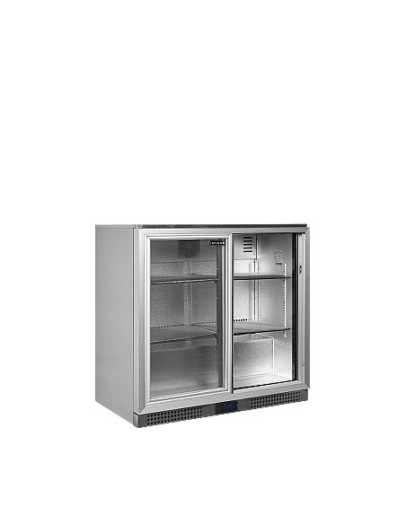 Arrière bar inox deux portes vitrées coulissantes et clayettes chromées - 191 litres - BA26SS