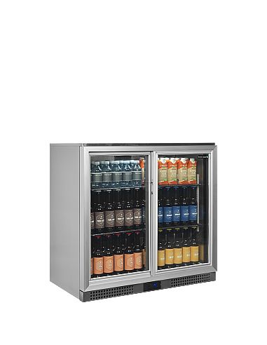 Arrière bar inox deux portes vitrées coulissantes et clayettes chromées - 191 litres - BA26SS