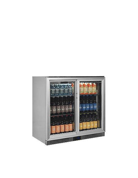 Arrière bar inox deux portes vitrées coulissantes et clayettes chromées - 191 litres - BA26SS