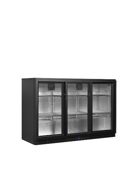 Arrière bar trois portes vitrées coulissantes à verrou et clayettes chromées - 311 litres - BA31S-3