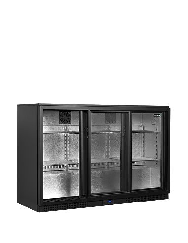 Arrière bar trois portes vitrées coulissantes à verrou et clayettes chromées - 311 litres - BA31S-3