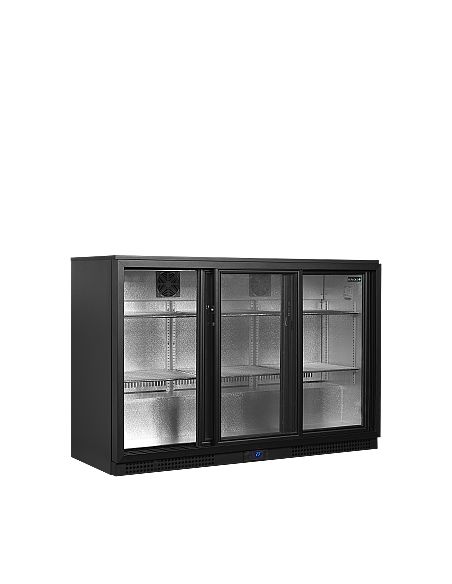 Arrière bar trois portes vitrées coulissantes à verrou et clayettes chromées - 311 litres - BA31S-3
