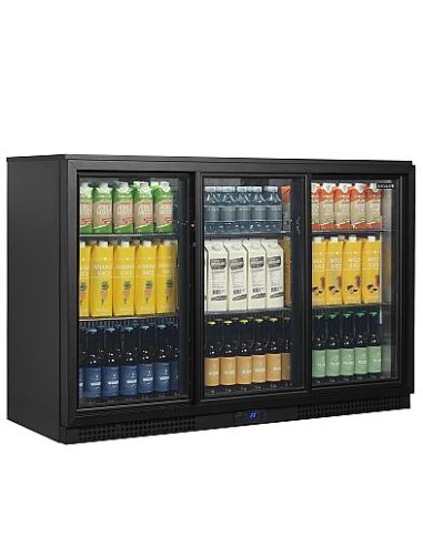 Arrière bar trois portes vitrées coulissantes à verrou et clayettes chromées - 311 litres - BA31S-3