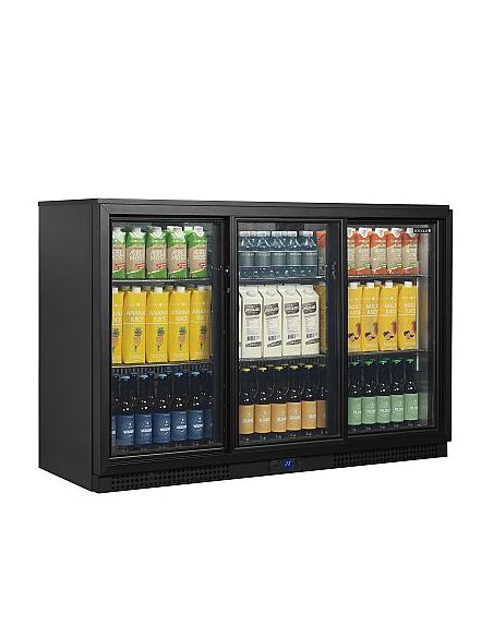 Arrière bar trois portes vitrées coulissantes à verrou et clayettes chromées - 311 litres - BA31S-3