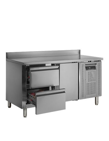 Table desserte positive adossée profondeur 700 mm - 1 porte et 2 tiroirs GN 1/1