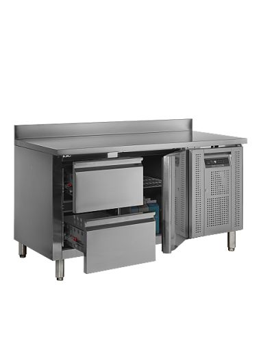 Table desserte positive adossée profondeur 700 mm - 1 porte et 2 tiroirs GN 1/1