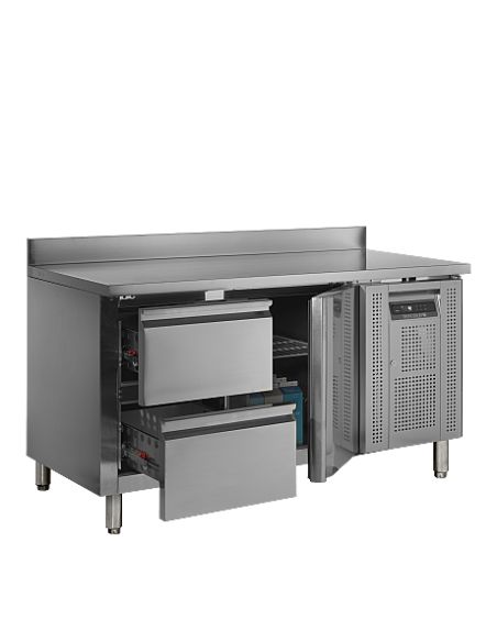 Table desserte positive adossée profondeur 700 mm - 1 porte et 2 tiroirs GN 1/1