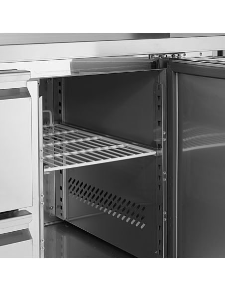 Table desserte positive adossée profondeur 700 mm - 1 porte et 2 tiroirs GN 1/1