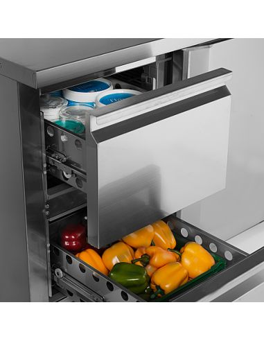 Table desserte positive adossée profondeur 700 mm - 1 porte et 2 tiroirs GN 1/1