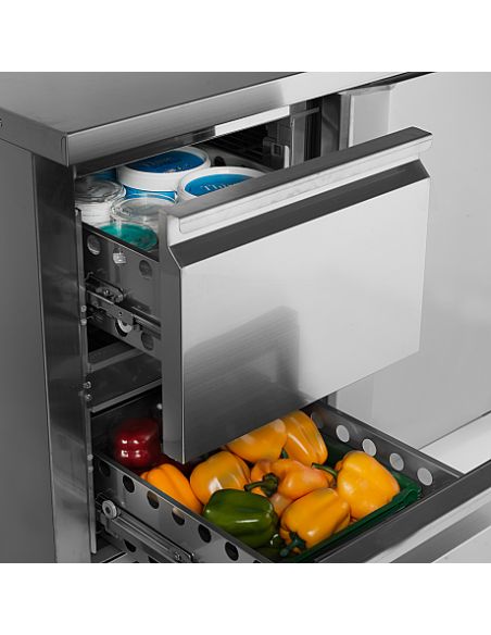 Table desserte positive adossée profondeur 700 mm - 1 porte et 2 tiroirs GN 1/1