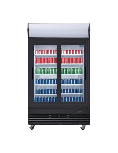 Vitrine réfrigérée positive 2 portes coulissantes avec caisson lumineux Polar Série G 950L noire