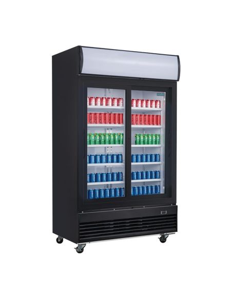 Vitrine réfrigérée positive 2 portes coulissantes avec caisson lumineux Polar Série G 950L noire