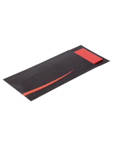 Pochettes à couverts noires avec serviette rouge Europochette (Lot de 100)