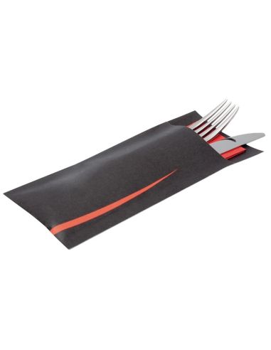 Pochettes à couverts noires avec serviette rouge Europochette (Lot de 100)